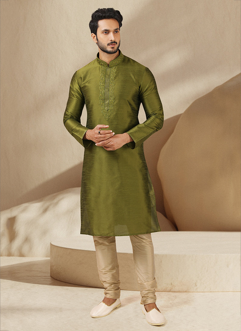 Olive Green Banarasi Art Silk Embroidered Mens Kurta Set