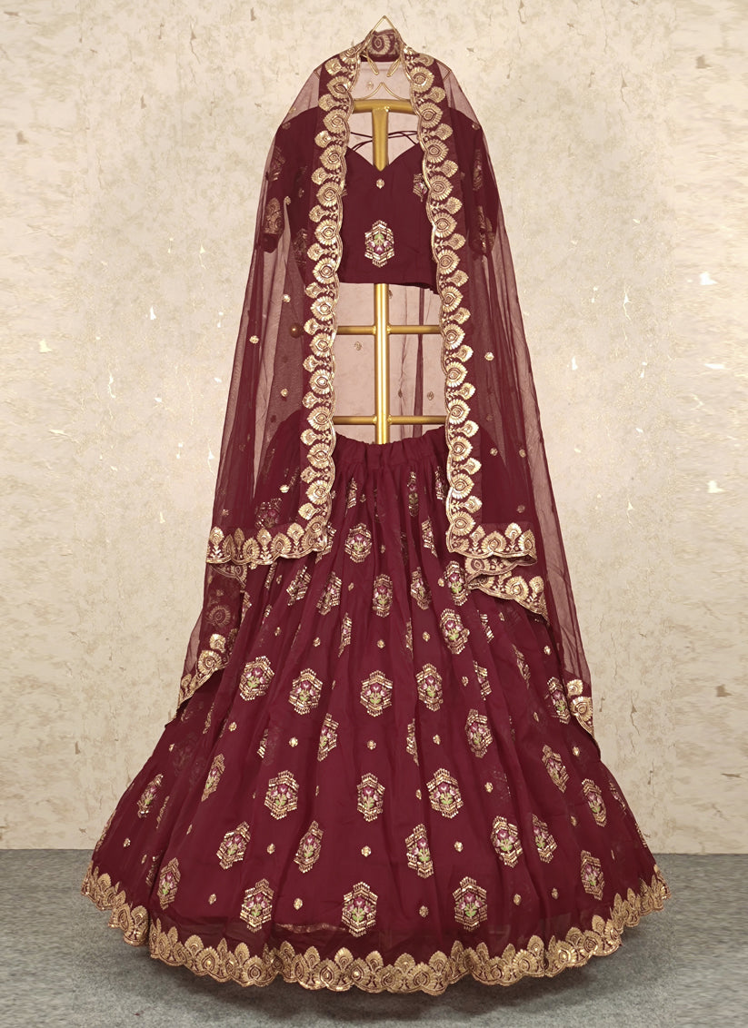 Maroon Organza Embroidered Wedding Lehenga Choli