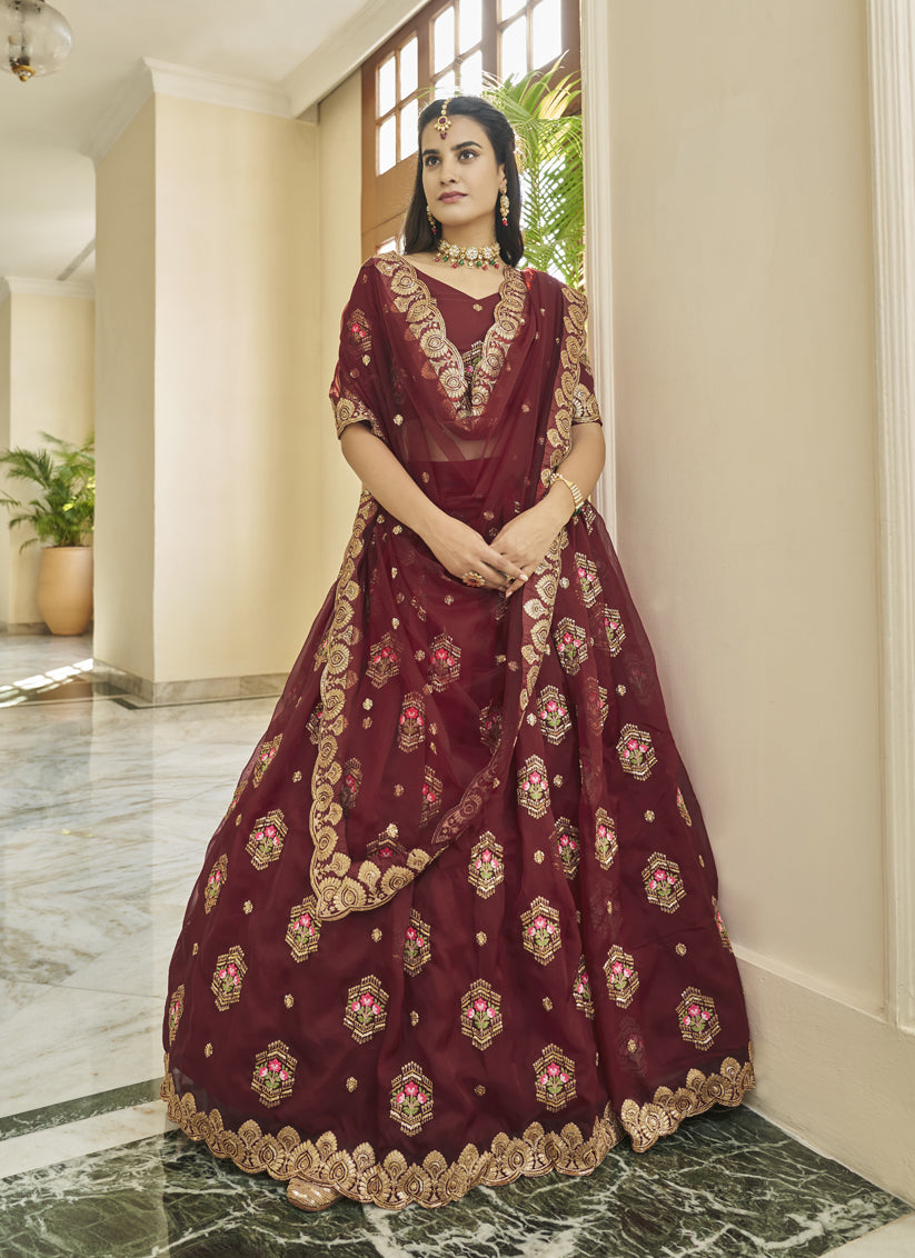 Maroon Organza Embroidered Wedding Lehenga Choli