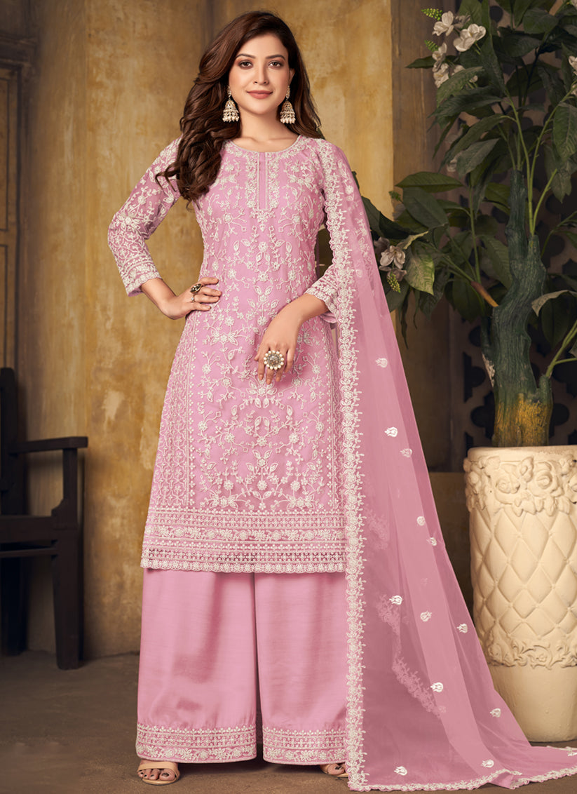 Rose Pink Net Embroidered Designer Palazzo Kameez