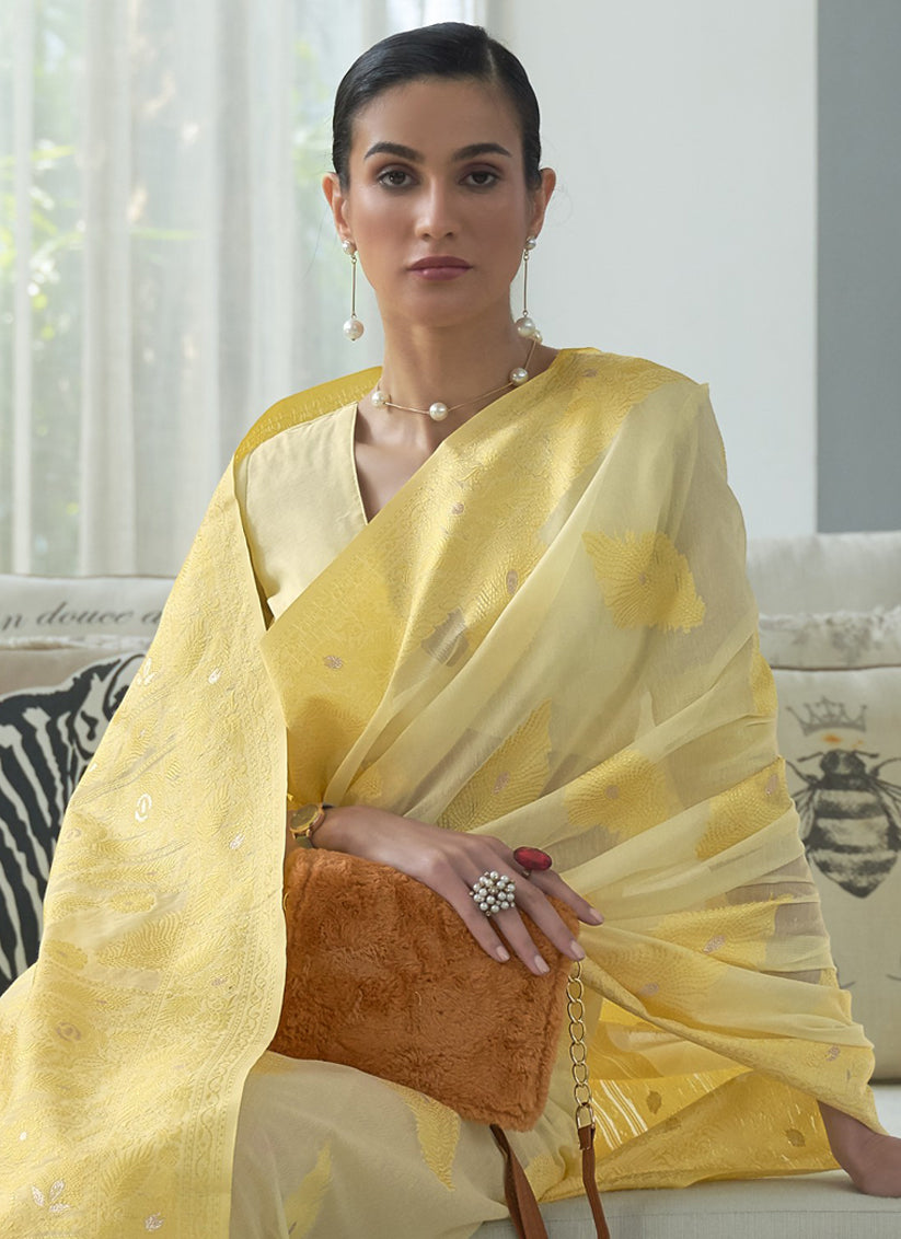 Pastel Yellow Chikankari Weaving Saree