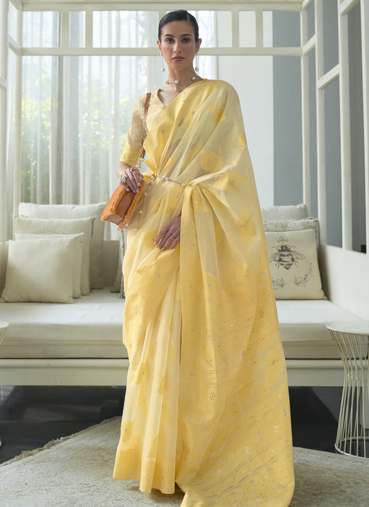 Pastel Yellow Chikankari Weaving Saree