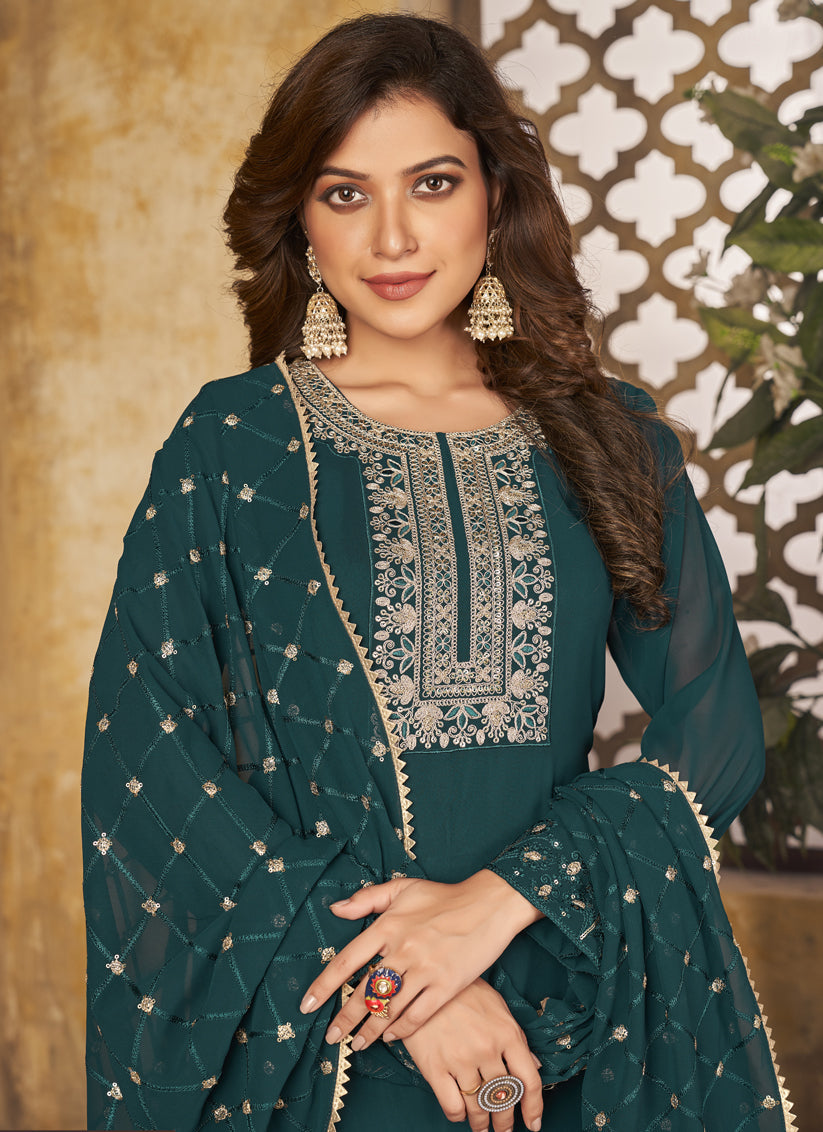Peacock Blue Georgette Embroidered Ready Made Pant Kameez