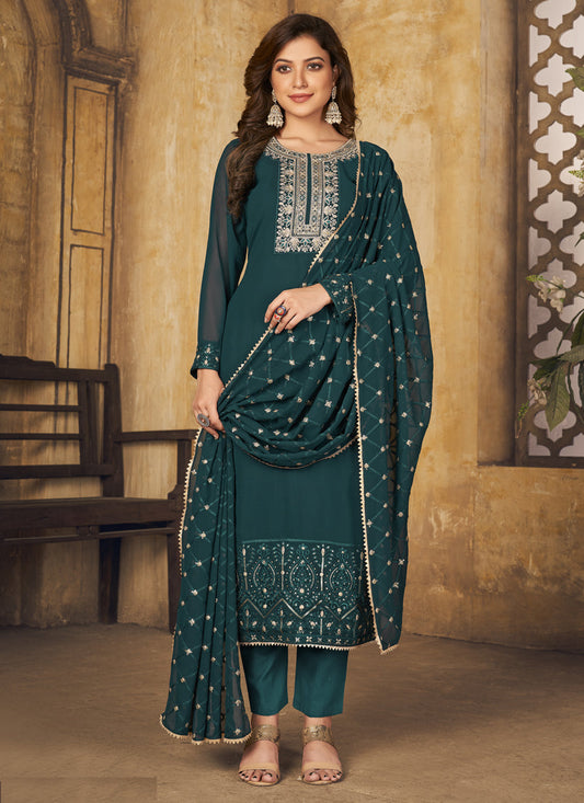 Peacock Blue Georgette Embroidered Ready Made Pant Kameez
