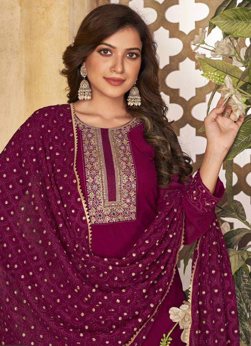 Wine Georgette Embroidered Ready Made Pant Kameez