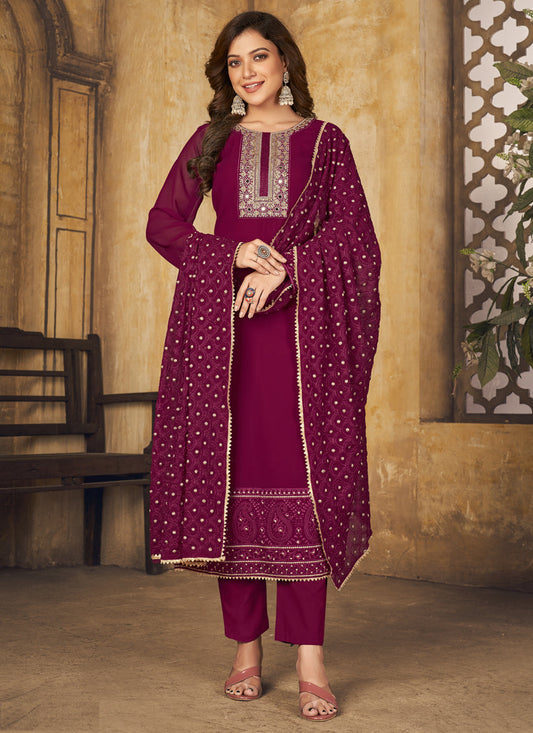 Wine Georgette Embroidered Ready Made Pant Kameez