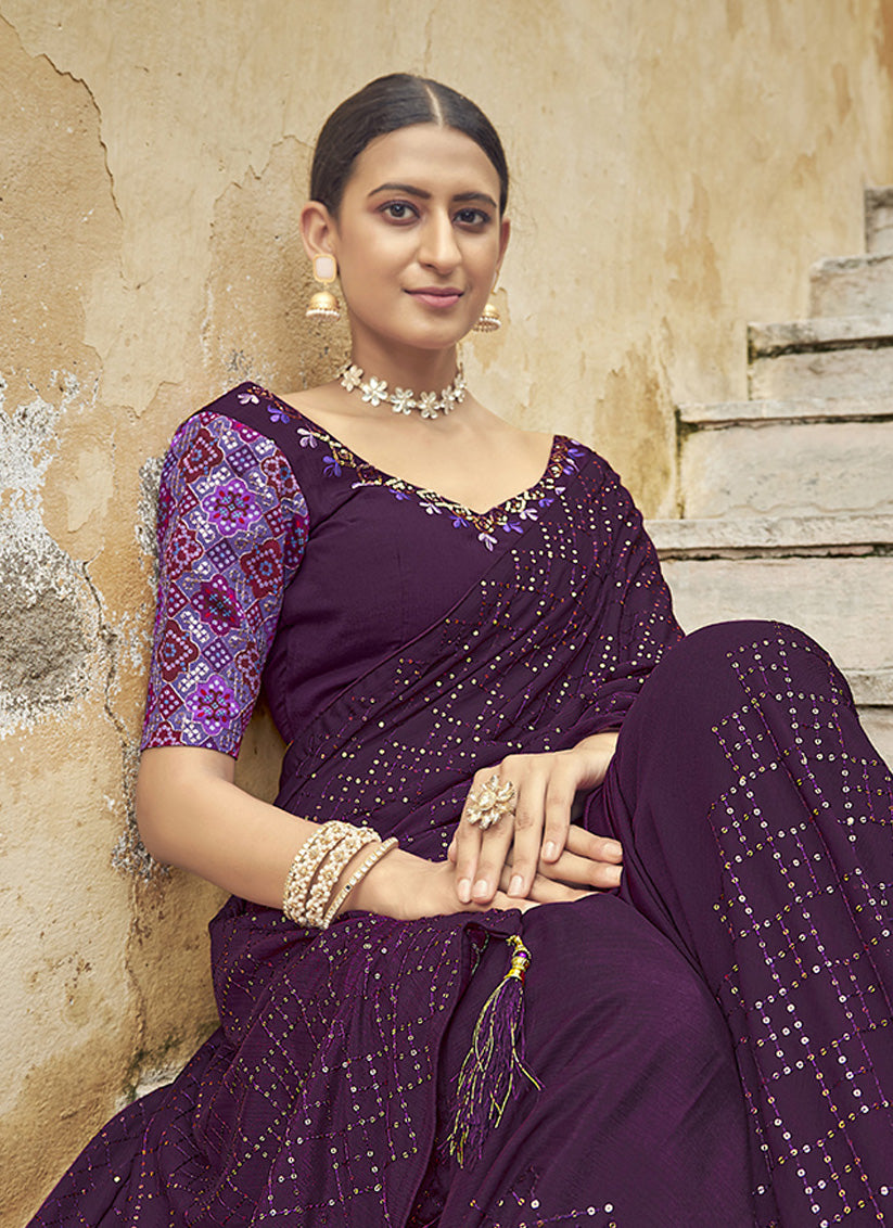 Plum Chinnon Sequins Saree