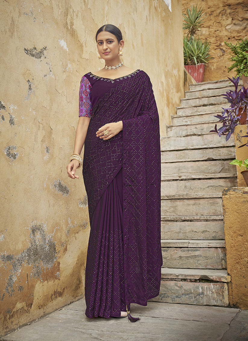 Plum Chinnon Sequins Saree