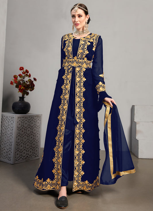 Navy Blue Georgette Embroidered Pant Kameez with Jacket