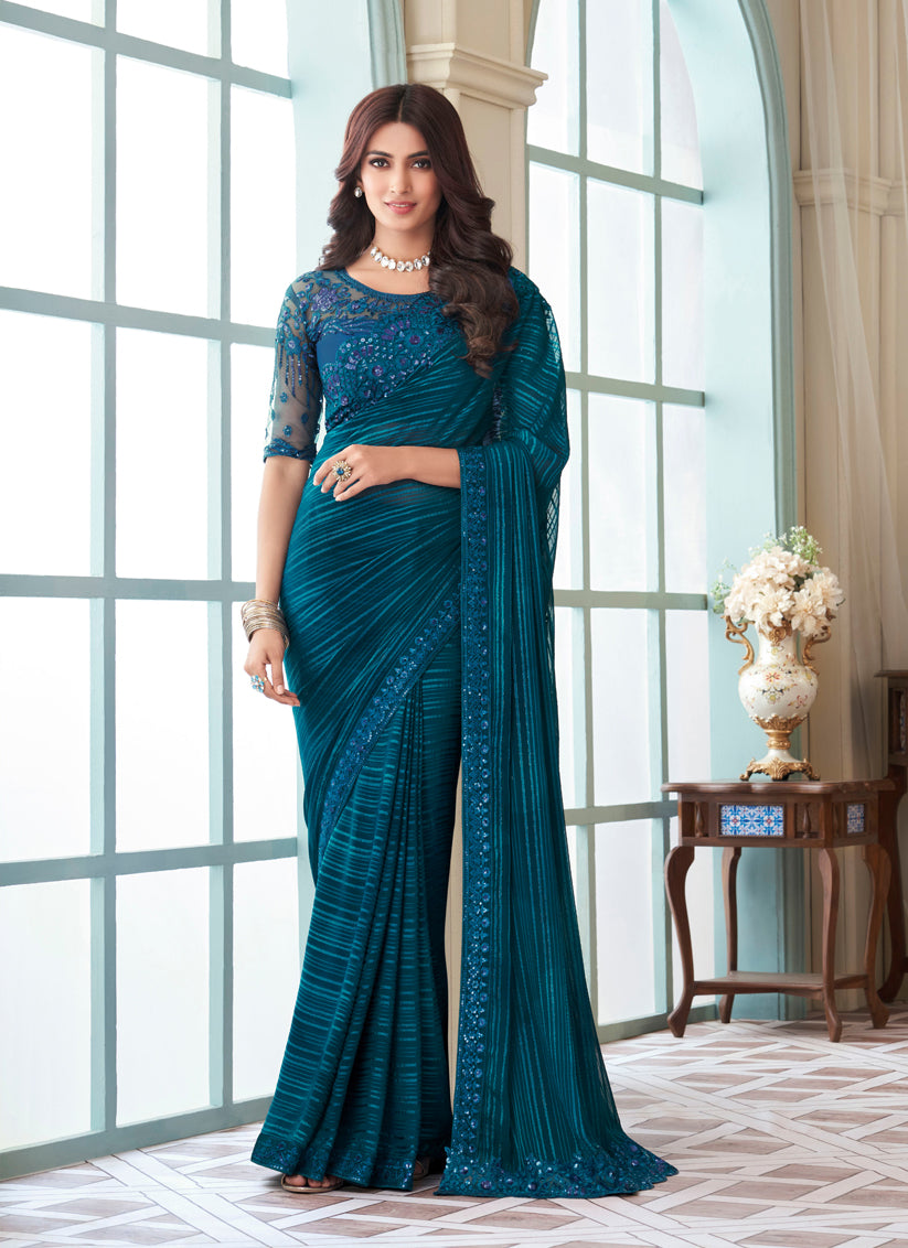 Peacock Blue Silk Embroidered Designer Saree