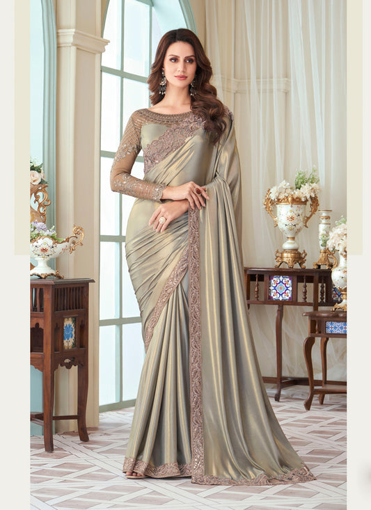 Grey Silk Embroidered Designer Saree