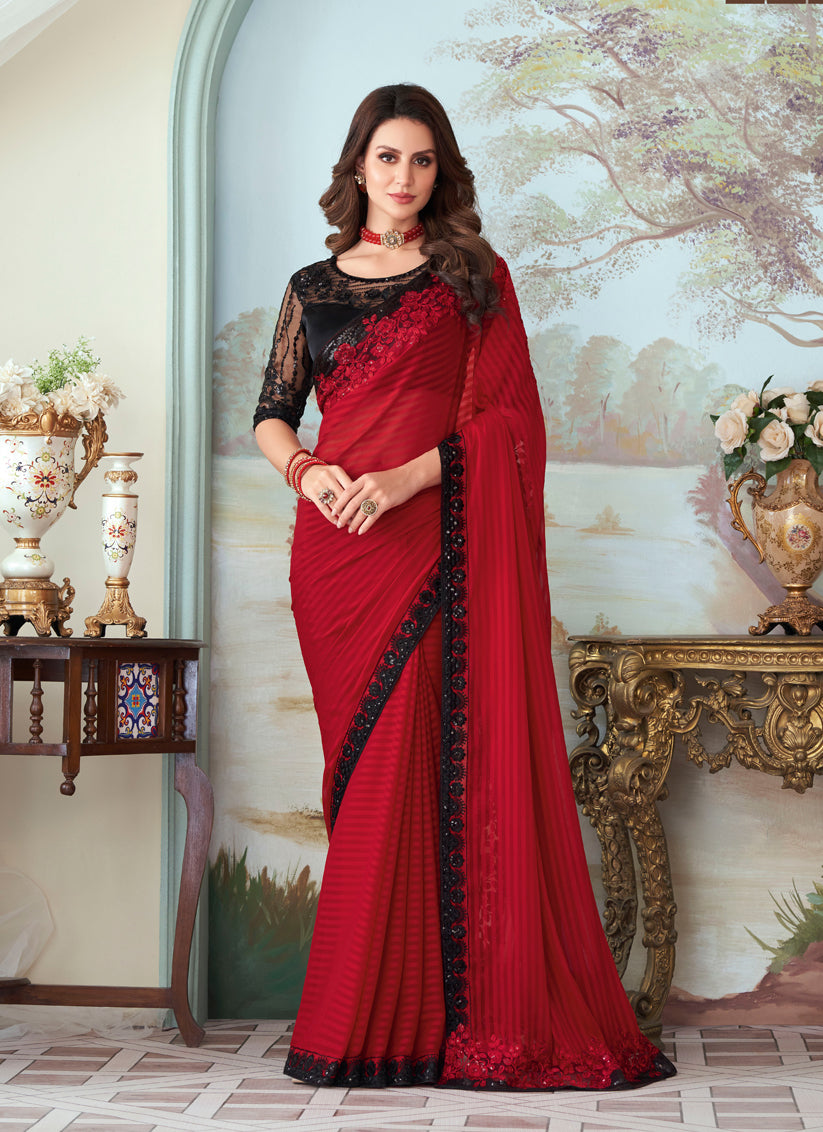 Cherry Red Silk Embroidered Designer Saree