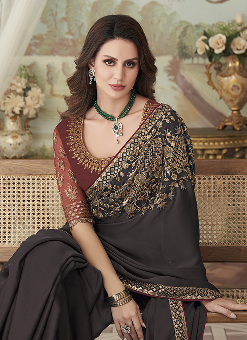 Oak Brown Silk Embroidered Designer Saree