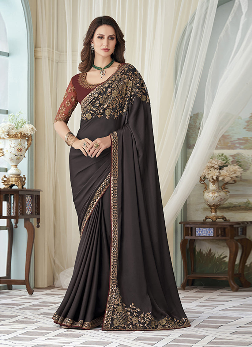 Oak Brown Silk Embroidered Designer Saree