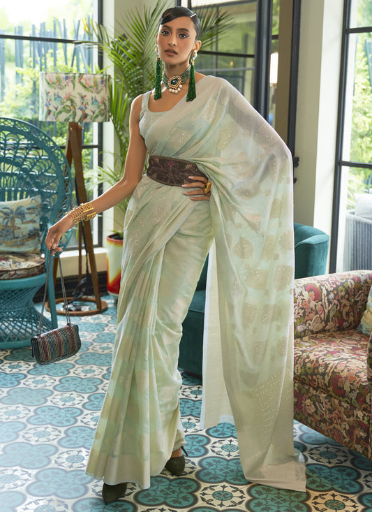 Pistachio Green Chikankari Chanderi Silk Weaving Saree