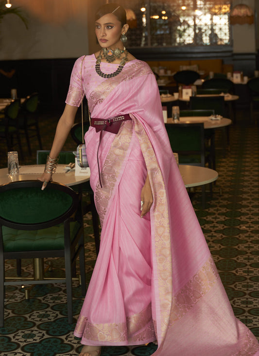 Carnation Pink Tussar Silk Handloom Weaving Saree