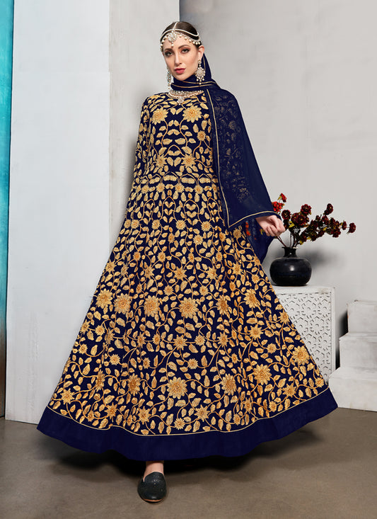 Navy Blue Georgette Embroidered Anarkali Suit