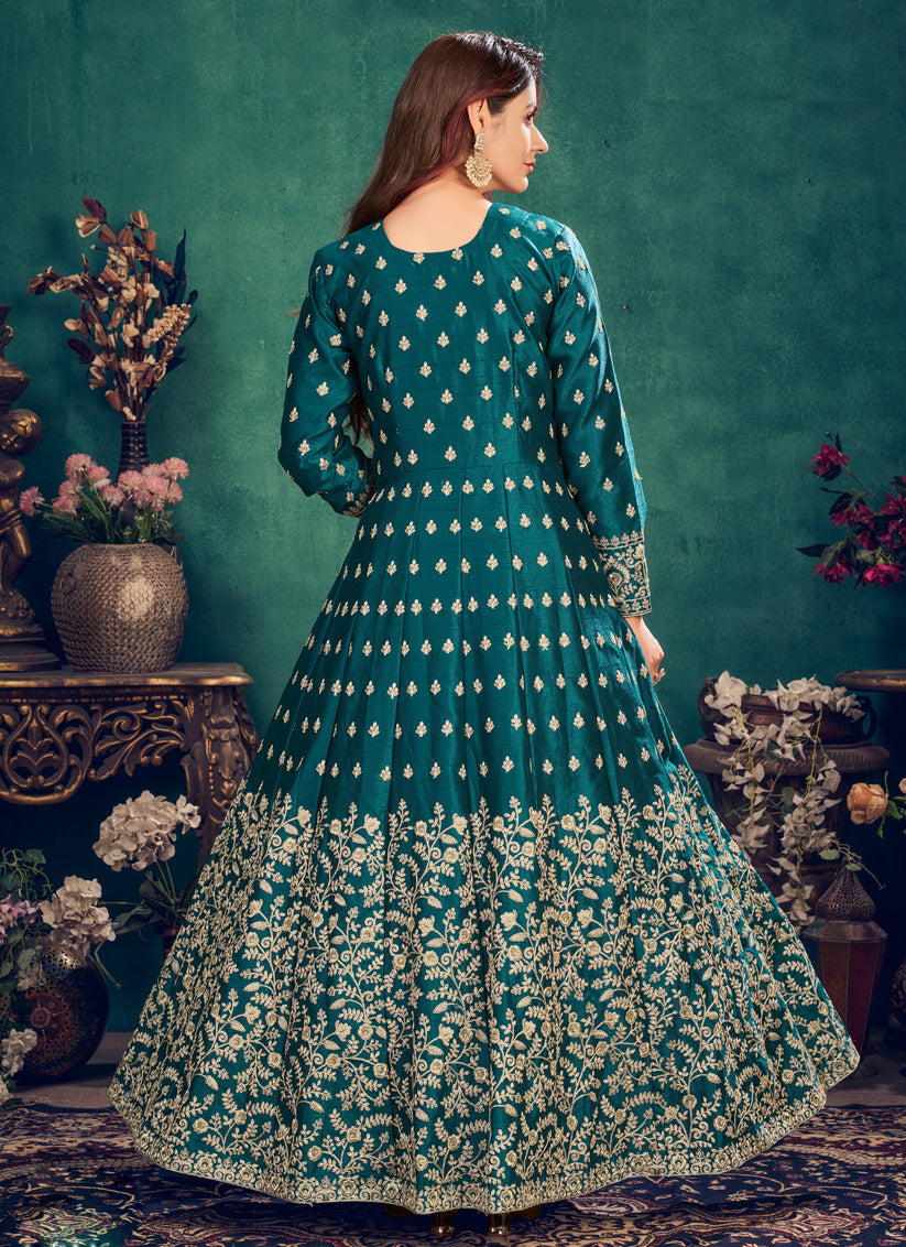 Peacock Blue Art silk Embroidered Ready Made Pant Kameez