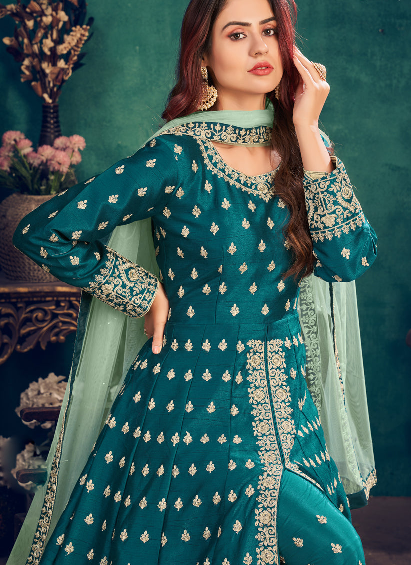 Peacock Blue Art silk Embroidered Ready Made Pant Kameez