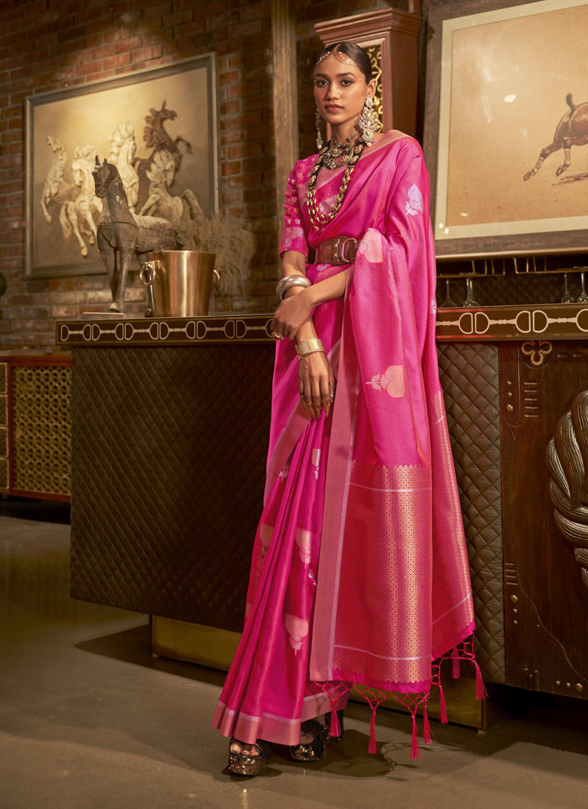 Rani Pink Handloom Silk Weaving Saree