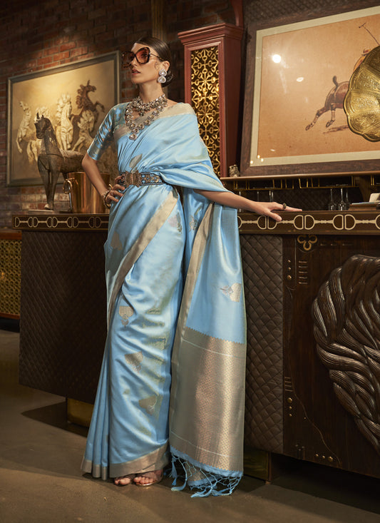 Sky Blue Handloom Silk Weaving Saree