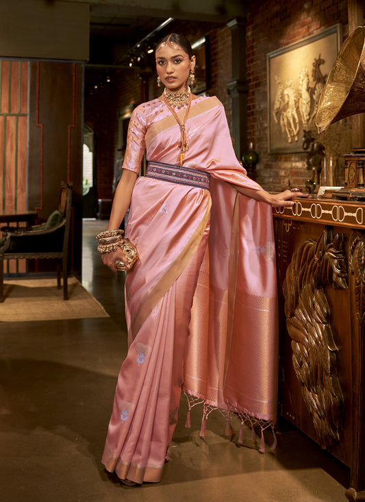 Blush Pink Handloom Silk Weaving Saree