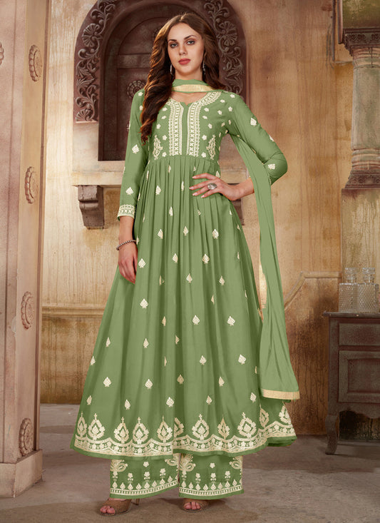 Moss Green Faux Georgette Embroidered Ready Made Palazzo Kameez