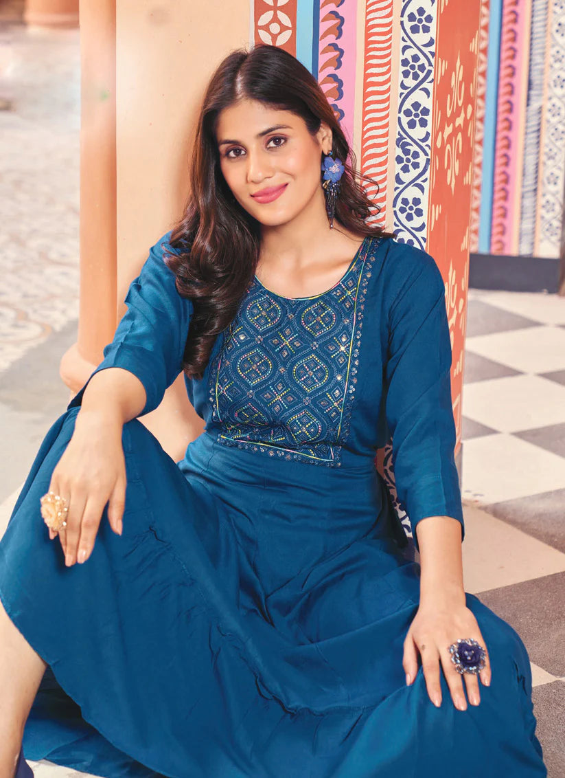 Blue Rayon Embroidered Ready Made Anarkali Style Kurti