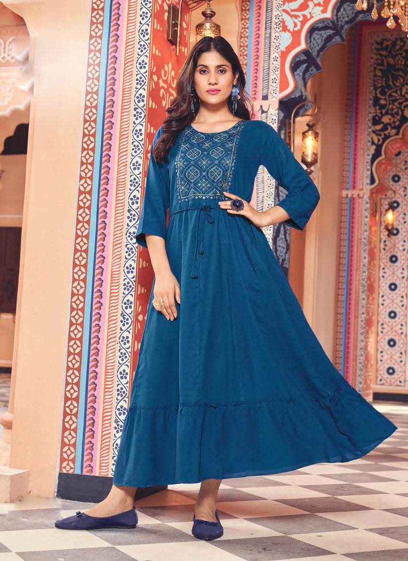 Blue Rayon Embroidered Ready Made Anarkali Style Kurti