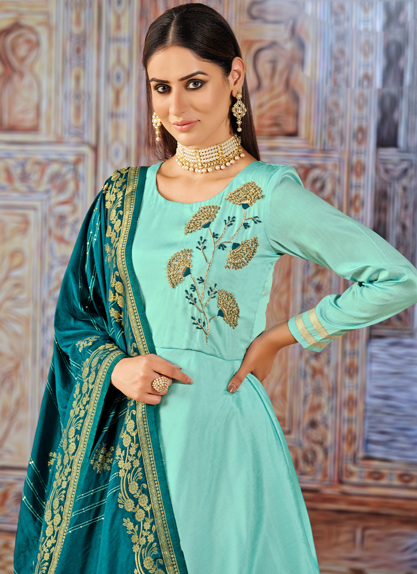 Aqua Blue Silk Embroidered Ready Made Anarkali Dress