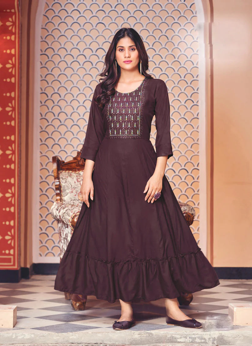 Wine Rayon Embroidered Ready Made Anarkali Style Kurti