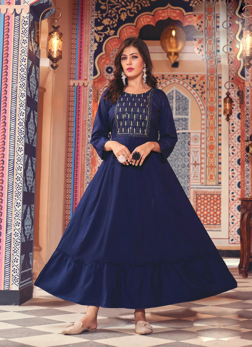 Navy Blue Rayon Embroidered Ready Made Anarkali Style Kurti