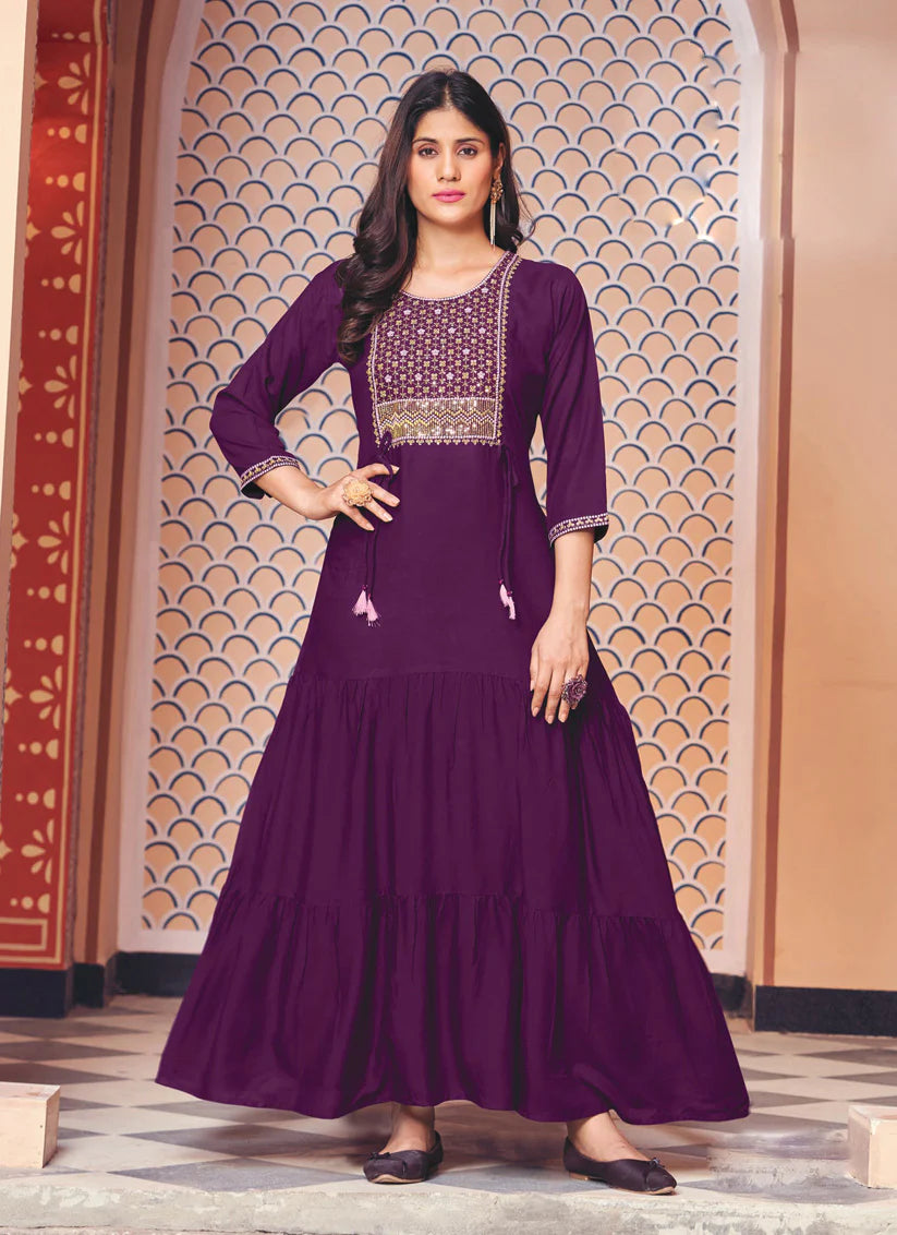 Eggplant Rayon Embroidered Ready Made Anarkali Style Kurti