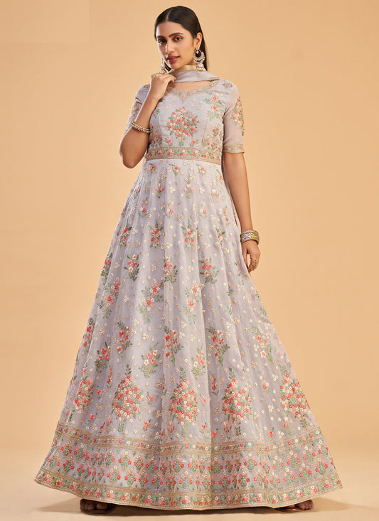 Lavender Georgette Embroidered Ready Made Anarkali Suit