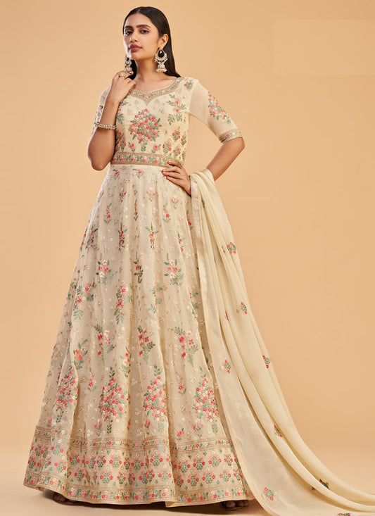 Dusty Yellow Georgette Embroidered Ready Made Anarkali Suit