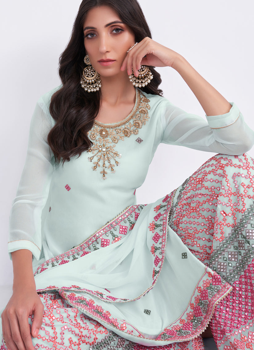 Mint Blue Georgette Embroidered Palazzo Kameez