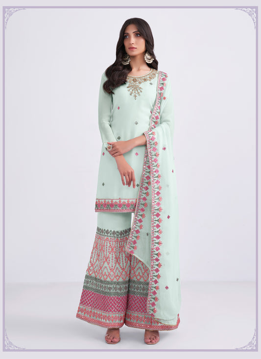 Mint Blue Georgette Embroidered Palazzo Kameez