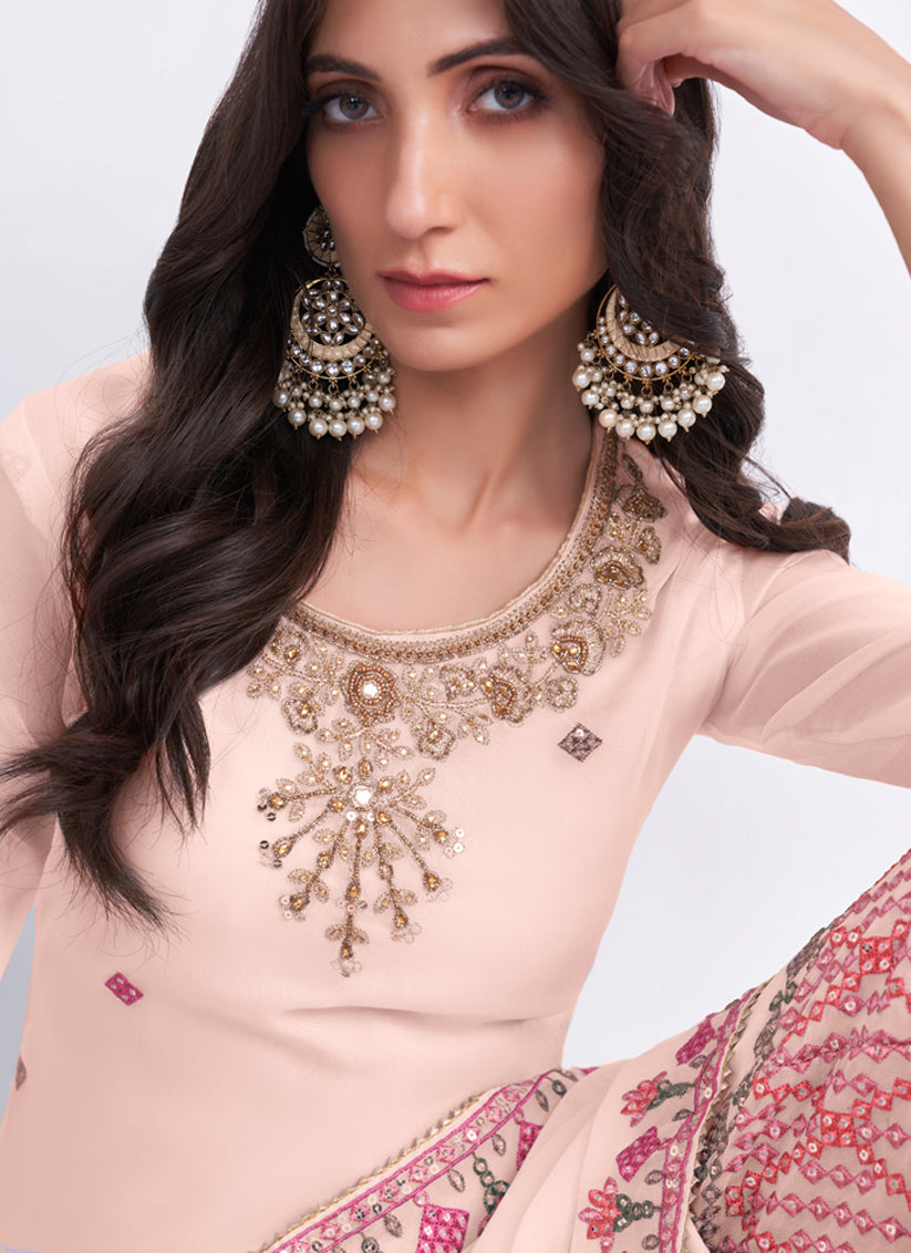 Blush Peach Georgette Embroidered Palazzo Kameez