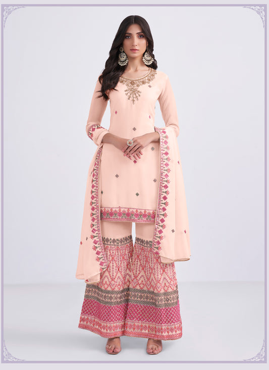 Blush Peach Georgette Embroidered Palazzo Kameez