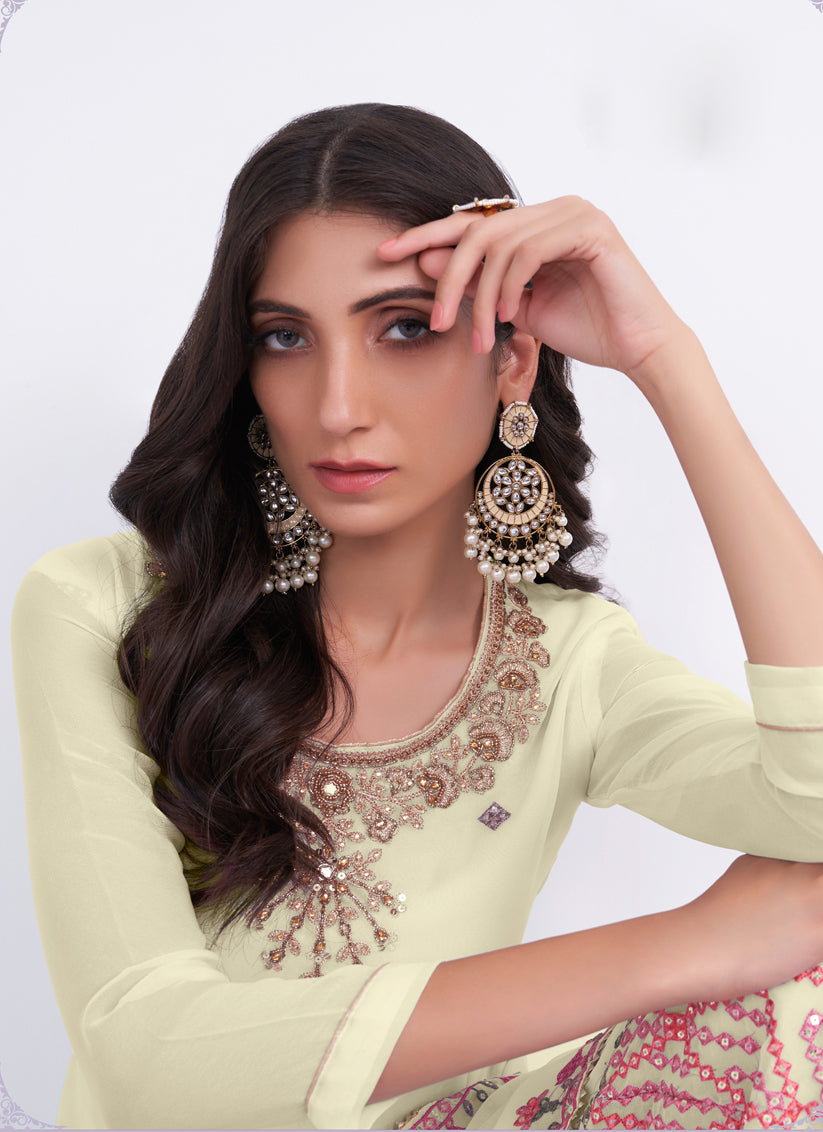 Cream Georgette Embroidered Palazzo Kameez