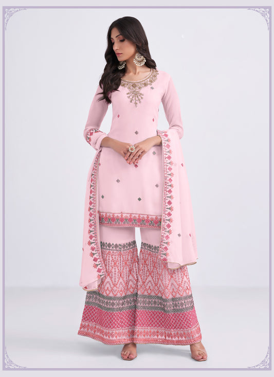 Baby Pink Georgette Embroidered Palazzo Kameez