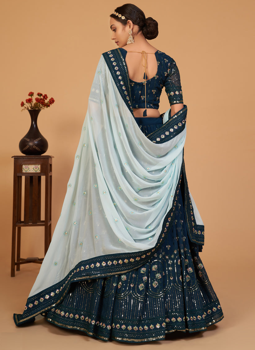 Peacock Blue Georgette Embroidered Wedding Lehenga Choli