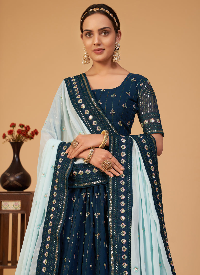 Peacock Blue Georgette Embroidered Wedding Lehenga Choli