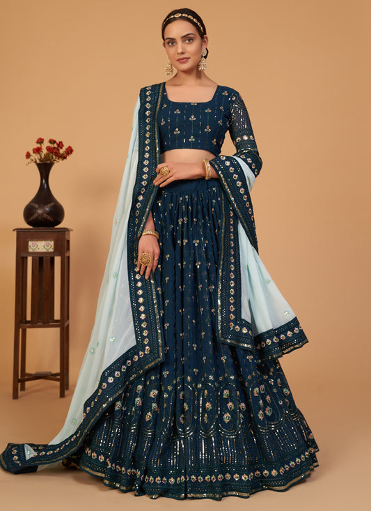 Peacock Blue Georgette Embroidered Wedding Lehenga Choli