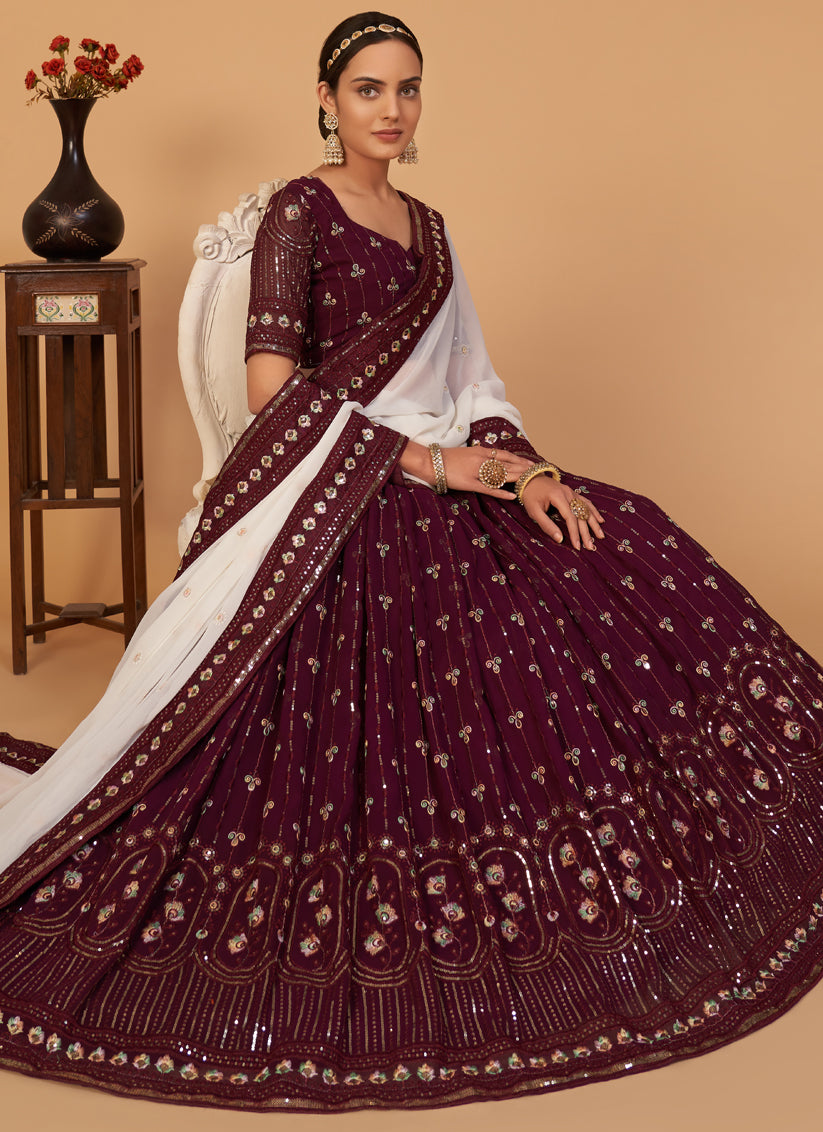 Burgundy Georgette Embroidered Wedding Lehenga Choli