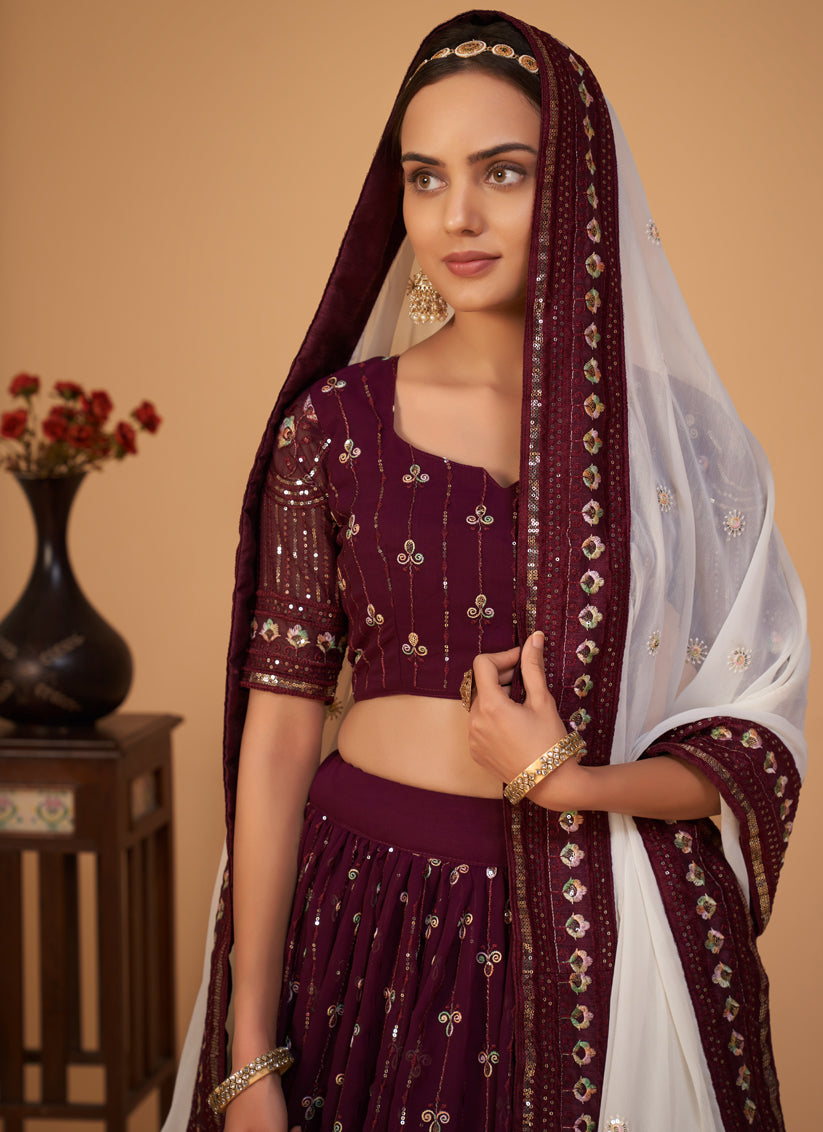 Burgundy Georgette Embroidered Wedding Lehenga Choli