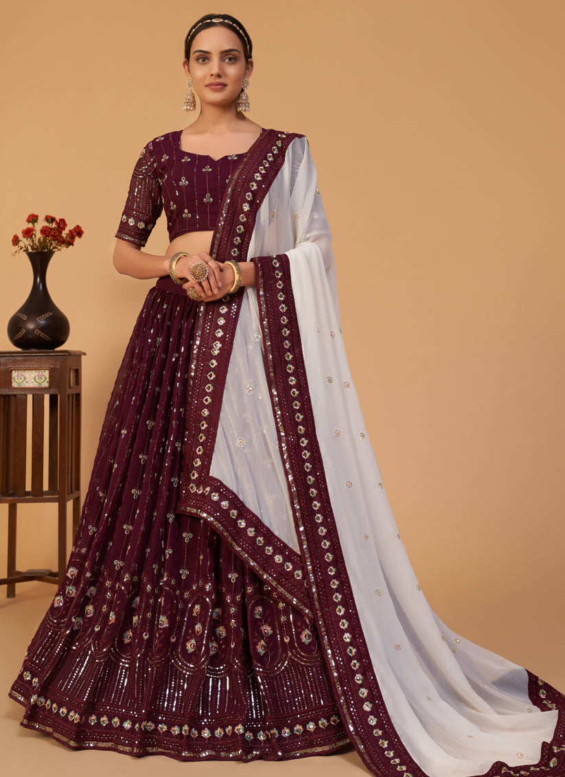 Burgundy Georgette Embroidered Wedding Lehenga Choli