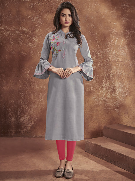 Grey Cotton Embroidered Kurti