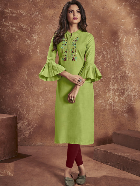 Parrot Green Cotton Embroidered Kurti