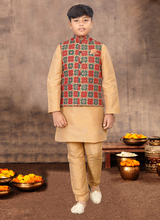 Khaki Silk Printed Kurta Set with Jacket